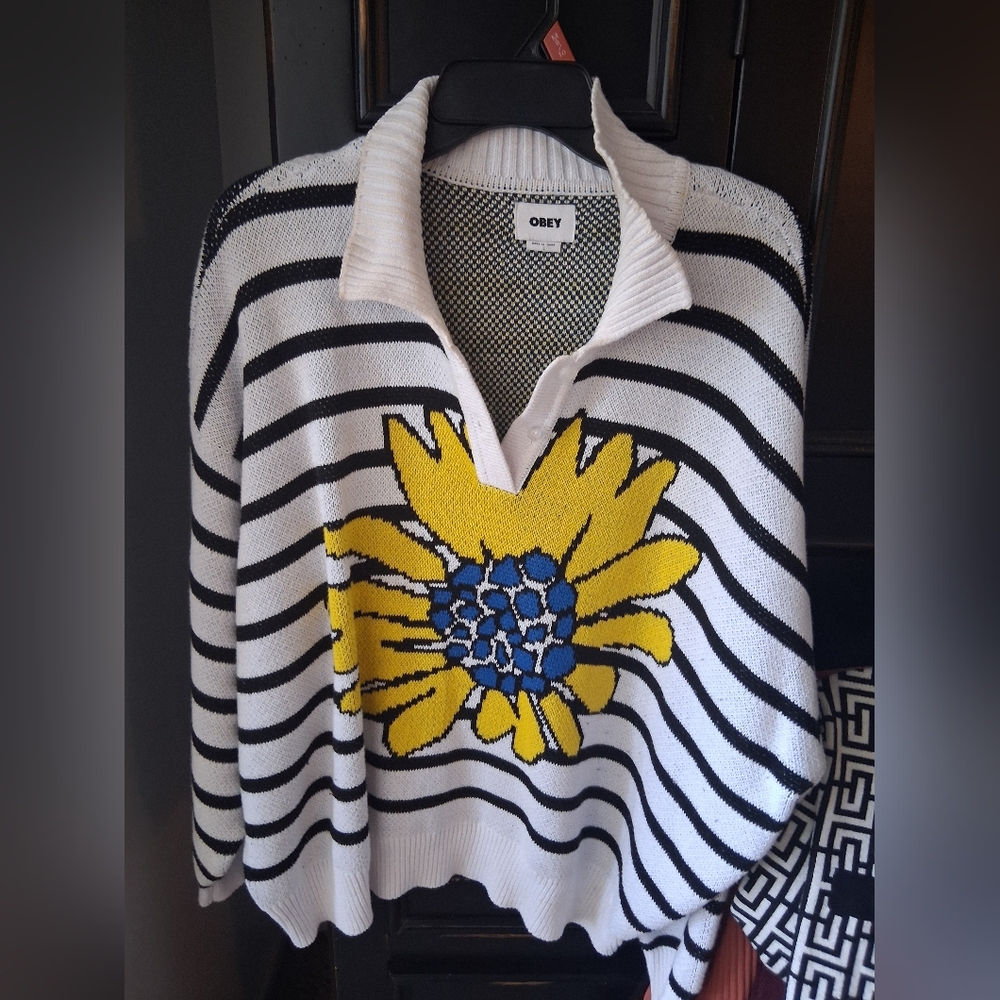Obey Women's White & Black Striped V-Neck Sweater with Yellow & Blue Floral